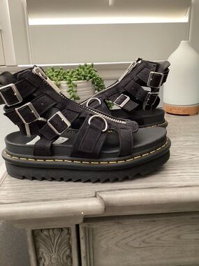 Dr. Martens Black Suede Buckle Platform Sandals